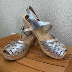 SWEDISH HASBEENS Braided Sky-High platform sandals in platinum sz 39